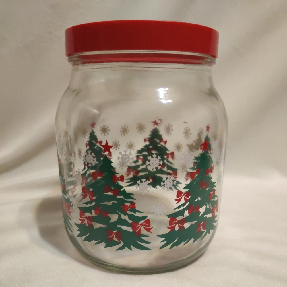 VTG Anchor Hocking Glass Christmas Tree Candy Cookie Jar W/ Red Plastic Lid 64oz